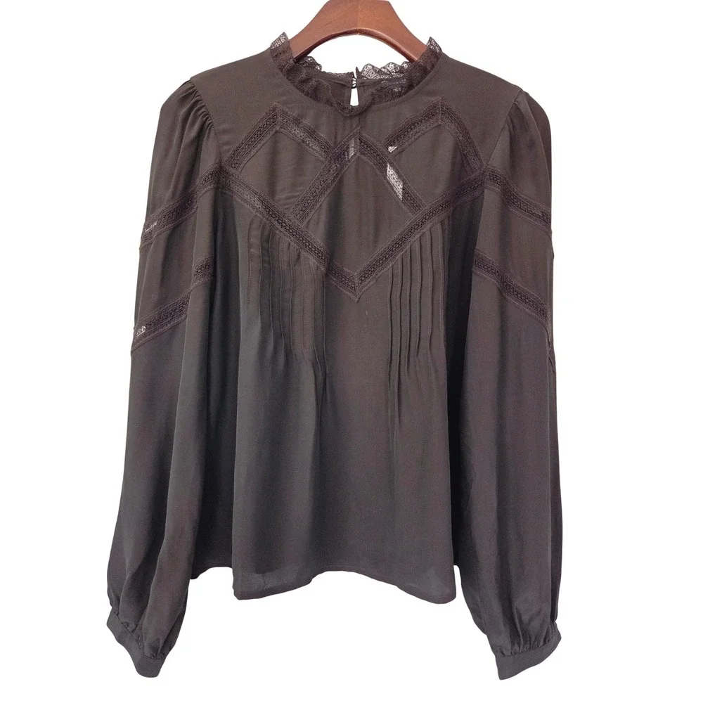 Madewell Lace Inset Mockneck Blouse Lace-Trim Women Small Brown NWT $128 NY351 - Picture 1 of 6
